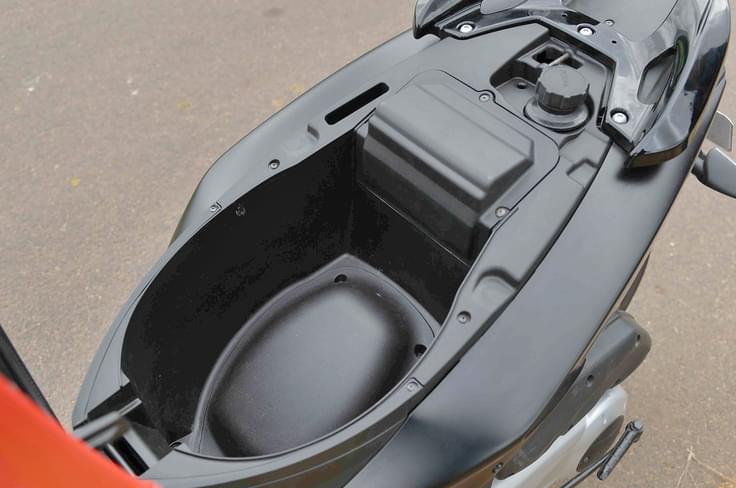 Storage space is adequate as long as you don’t want to pack in a full face helmet. There are no LEDs in there or charging ports. Storage space is adequate as long as you don’t want to pack in a full face helmet. There are no LEDs in there or charging ports.